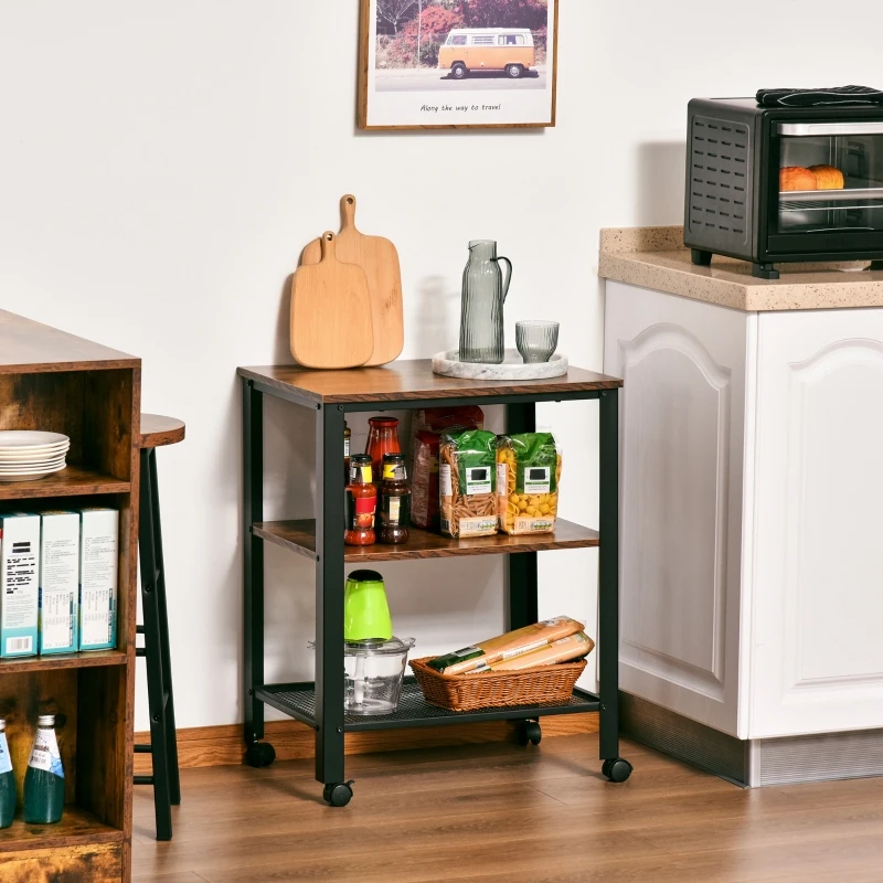 HOMCOM Rolling Microwave Cart Wooden 3-Tier Storage Shelf Industrial Style End Table for Kitchen, Living Room Accent Furniture