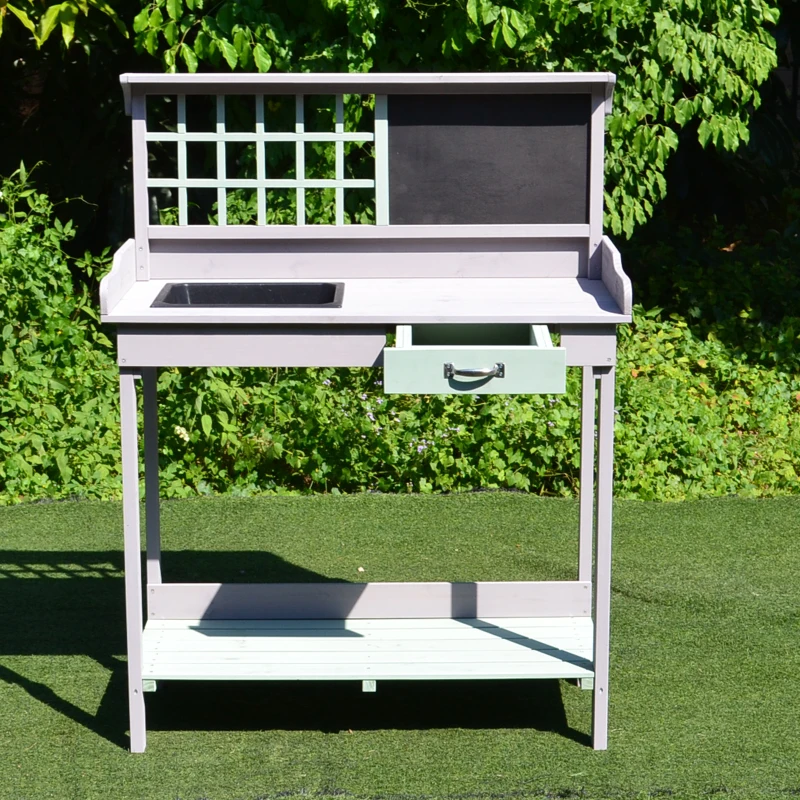HOMCOM Garden Potting Table with Sink, Blackboard and Drawer, Wooden Planting Work Bench Workstation Outdoor Tool Storage Shelves