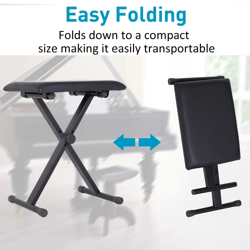 HOMCOM Foldable Keyboard Stool Padded Seat X Frame Chair Adjustable Height Piano Bench Black