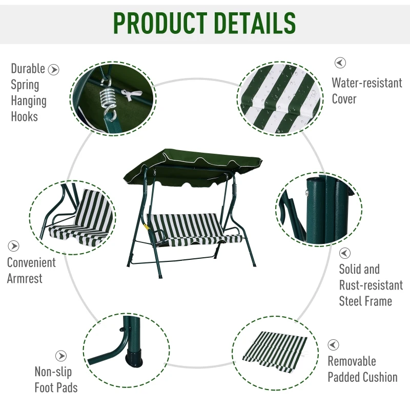 Outsunny 3 Seater Canopy Swing Chair Outdoor Garden Bench with Sun Cover Metal Frame - Green Stripes