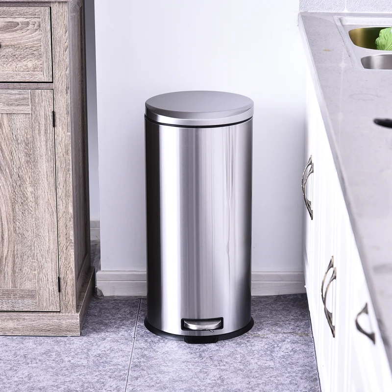 HOMCOM 30L T430 Step-on Trash Can Stainless Steel Round Garbage Bin Silent Gentle Open and Close Dustbin with Pedal