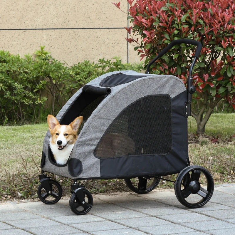 PawHut Dog Stroller 4 Wheels Pet Trolley Carrier Mesh Windows for Medium Large Dogs Traveling Grey