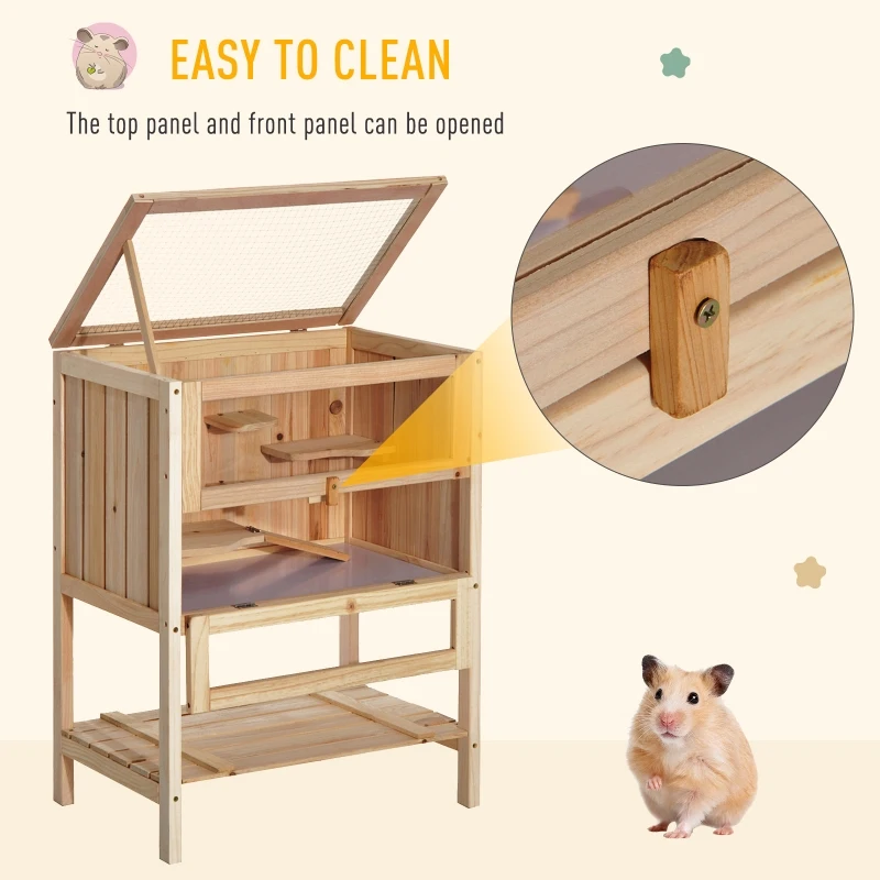 PawHut Wooden Hamster Cage with Storage Shelf, Small Animal Exercise Play House with Openable Top, for Hamsters, Gerbils, 60 x 40 x 80 cm - Natural