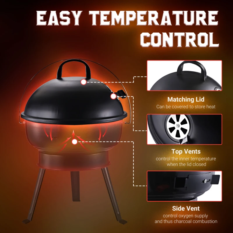Outsunny Portable Small Charcoal Grill Barbecue BBQ Mini Tabletop Picnic Cooking Smoker Family Party Camping with Grid Tripod - Black