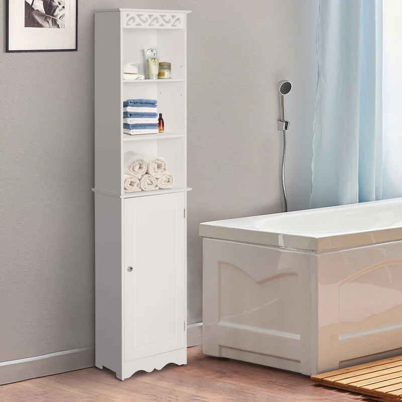 HOMCOM MDF Tall Bathroom Cabinet Longline Narrow Storage Unit Tower Cupboard Organiser w/ Adjustable shelf 160H x 40L x 23Wcm