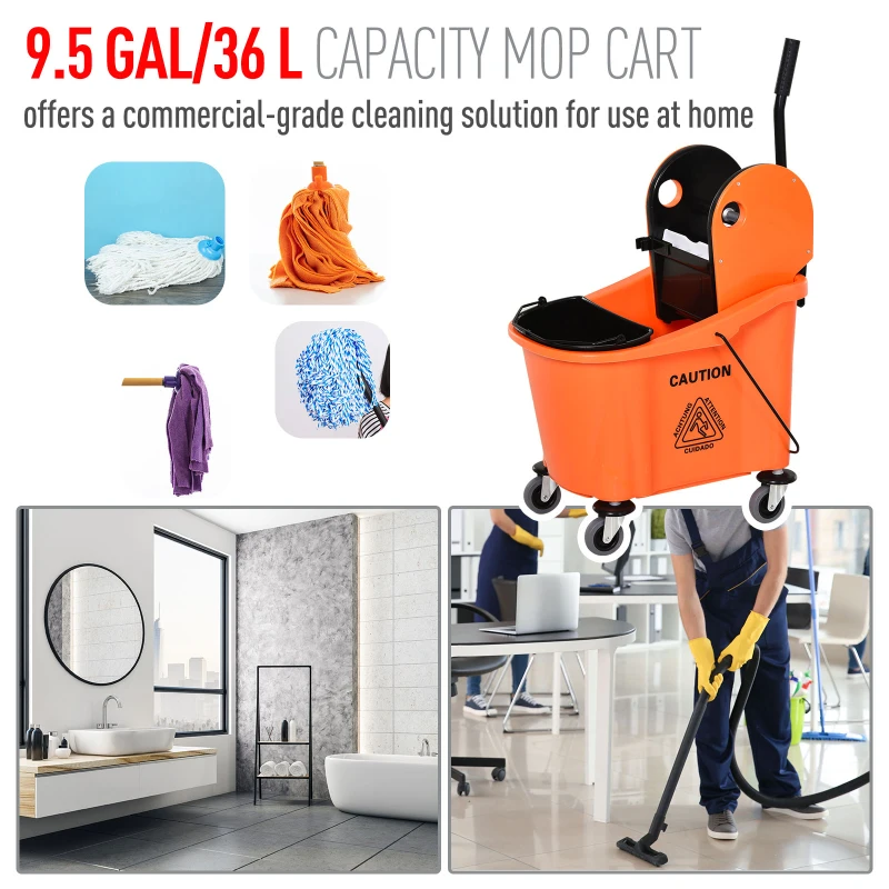 HOMCOM 36L Mop Bucket Wringer Cart w/ Down Press Wringer, Wheels, Mop-Handle Holder, Orange