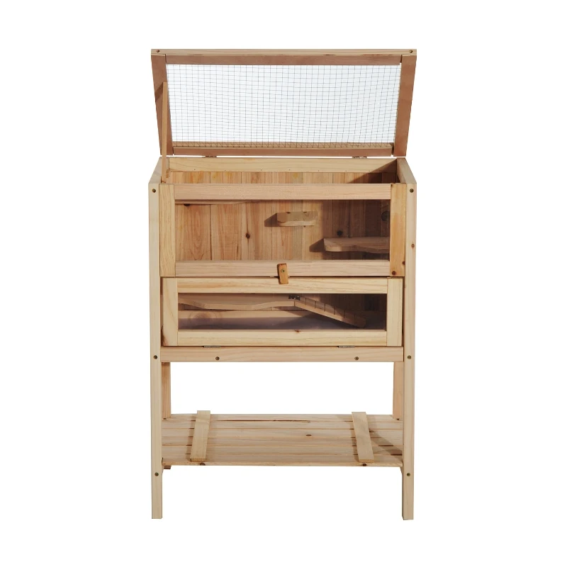 PawHut Wooden Hamster Cage with Storage Shelf, Small Animal Exercise Play House with Openable Top, for Hamsters, Gerbils, 60 x 40 x 80 cm - Natural