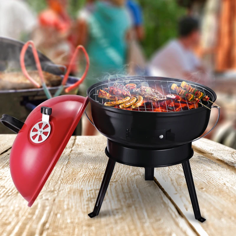 Outsunny Portable Small Charcoal Grill Barbecue BBQ Mini Tabletop Picnic Cooking Smoker Family Party Camping with Grid Tripod - Red