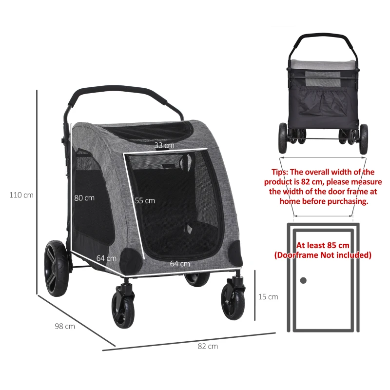 PawHut Dog Stroller 4 Wheels Pet Trolley Carrier Mesh Windows for Medium Large Dogs Traveling Grey