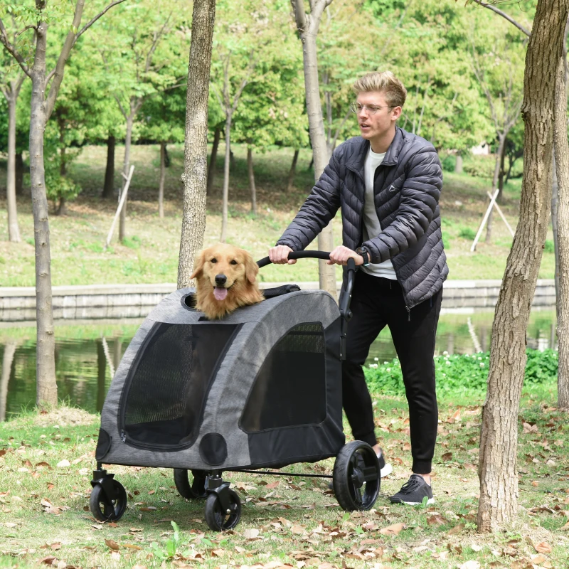PawHut Dog Stroller 4 Wheels Pet Trolley Carrier Mesh Windows for Medium Large Dogs Traveling Grey