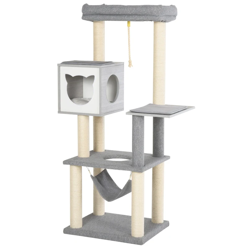 PawHut 5-Levels Plush Cat Tree Tower Activity Center with Sisal Scratching Posts Hammock Perch Condo Soft Cushions, Grey