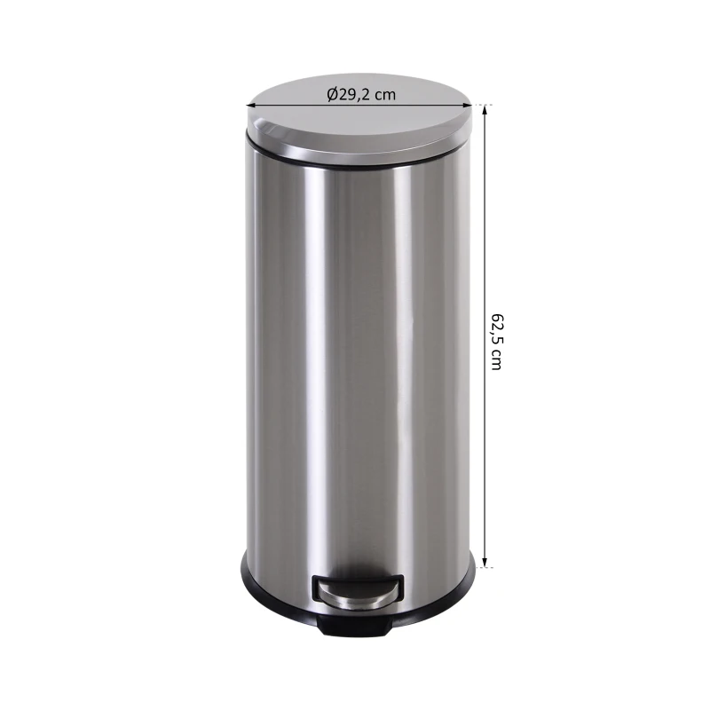 HOMCOM 30L T430 Step-on Trash Can Stainless Steel Round Garbage Bin Silent Gentle Open and Close Dustbin with Pedal