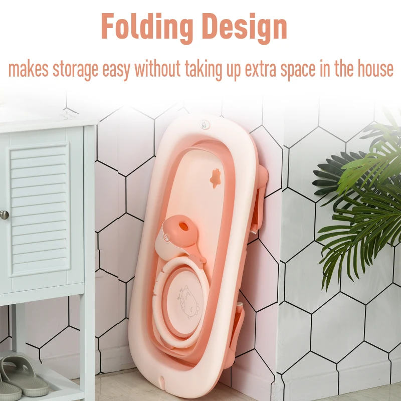 HOMCOM 3 in 1 Collapsible Baby Bath Tub Set Folding Kids Tub Wash Basin Shampoo Cup Non-Slip Support Leg for 0-3 Years, Pink