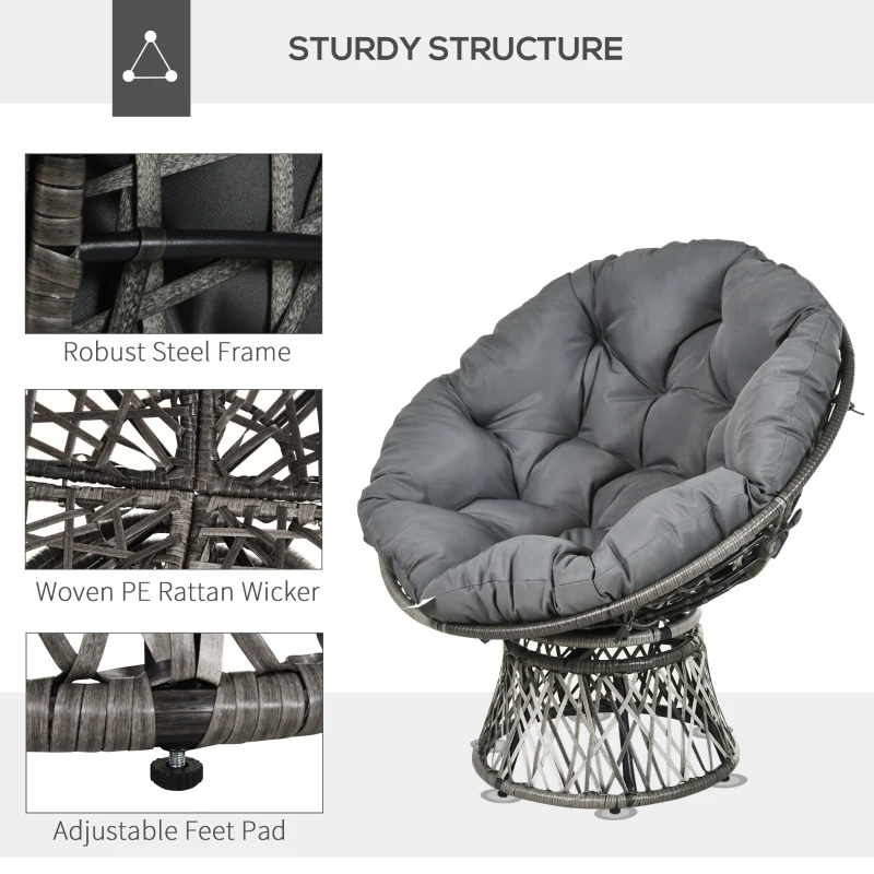 Outsunny 360° Swivel Rattan Papasan Moon Bowl Chair with Padded Cushion Oversized for Outdoor Indoor