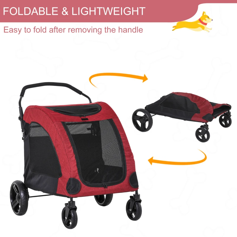 PawHut Dog Stroller 4 Wheels Pet Trolley Carrier Mesh Windows for Medium Large Dogs Traveling Red