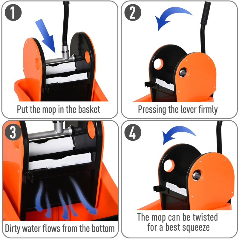 HOMCOM 36L Mop Bucket Wringer Cart w/ Down Press Wringer, Wheels, Mop-Handle Holder, Orange