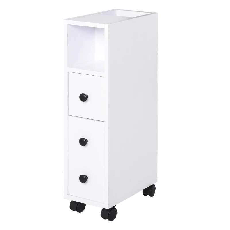 kleankin Slimline Bathroom Storage Unit w/ 2 Drawers 2 Open Compartments Wheels Handles Freestanding Compact Home Office Furniture White