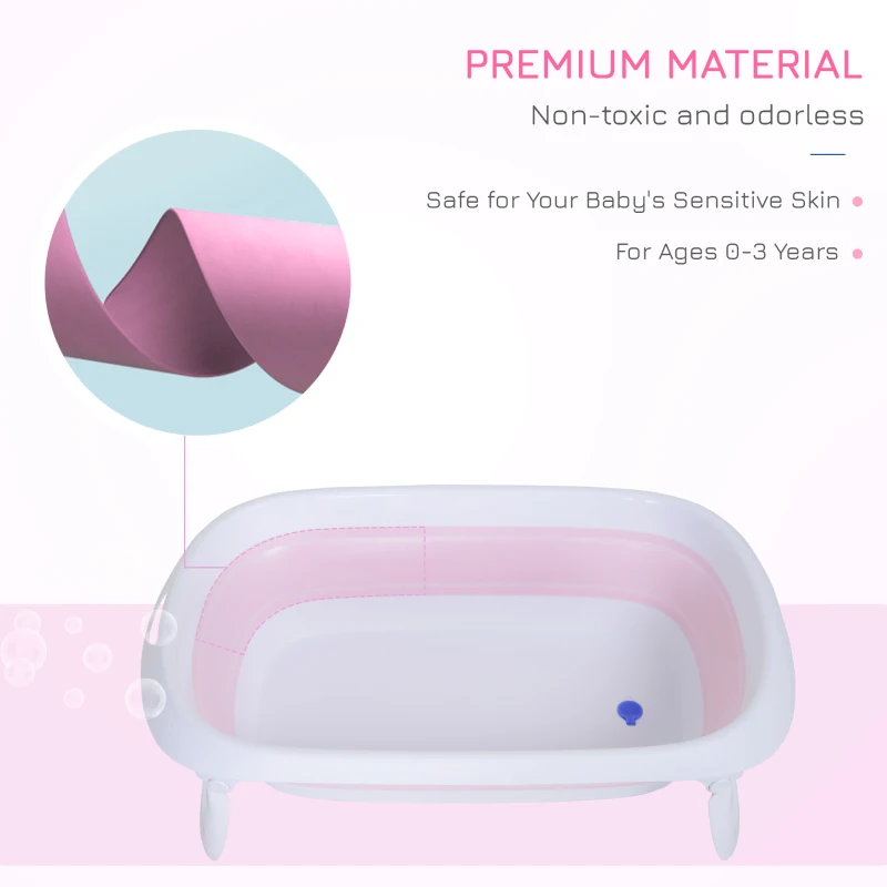 HOMCOM Folding Foldable Baby Bath Tub Toddler Kids Infant Safety Shower Slide Protection Comfortable Portable Pink