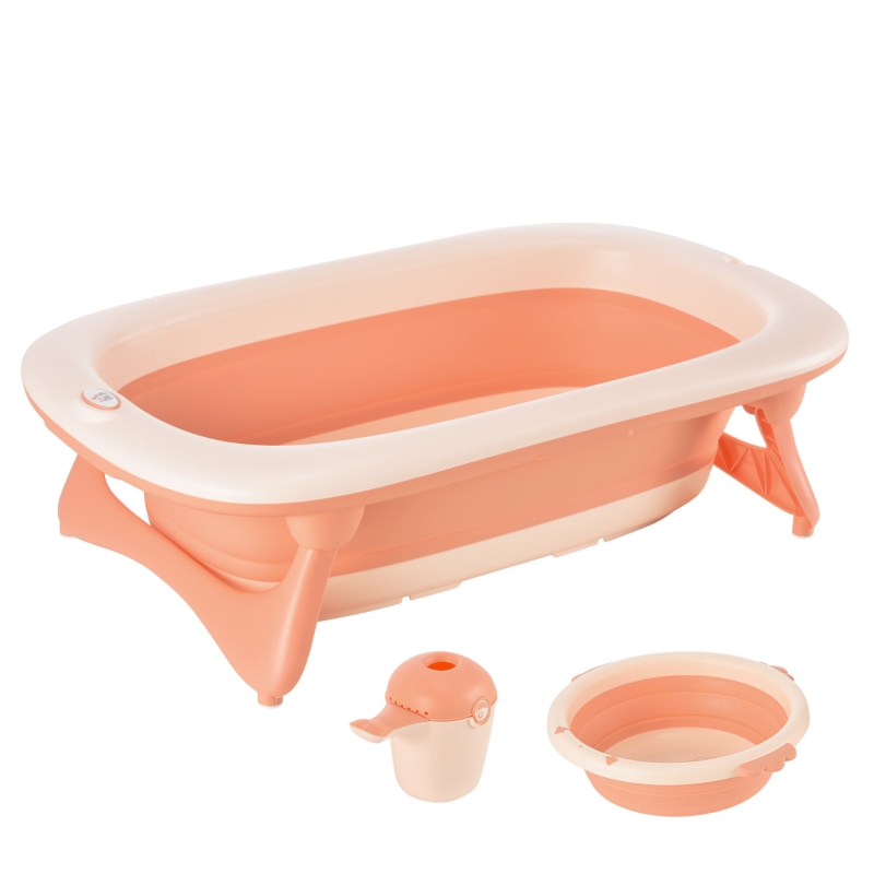HOMCOM 3 in 1 Collapsible Baby Bath Tub Set Folding Kids Tub Wash Basin Shampoo Cup Non-Slip Support Leg for 0-3 Years, Pink