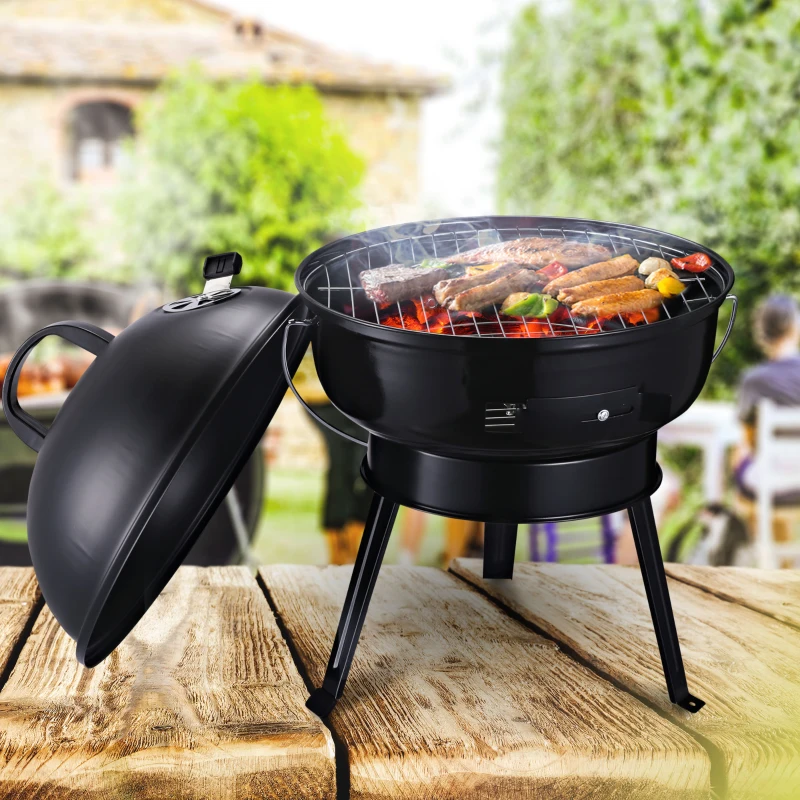 Outsunny Portable Small Charcoal Grill Barbecue BBQ Mini Tabletop Picnic Cooking Smoker Family Party Camping with Grid Tripod - Black