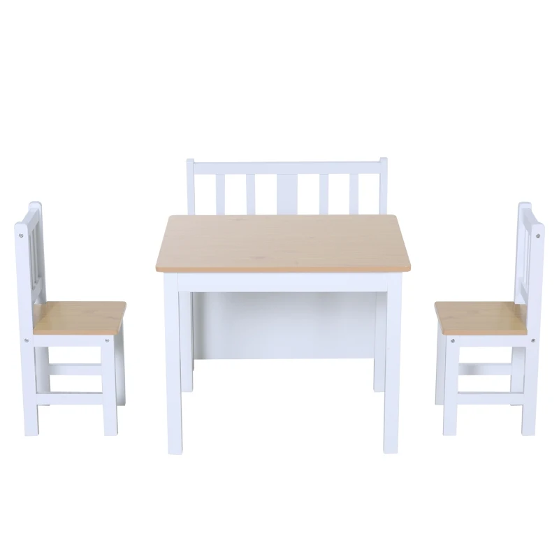 HOMCOM 4-Piece Kids Table and Chair Set with 2 Wooden Chairs, 1 Storage Bench, and Interesting Modern Design, Natural/White