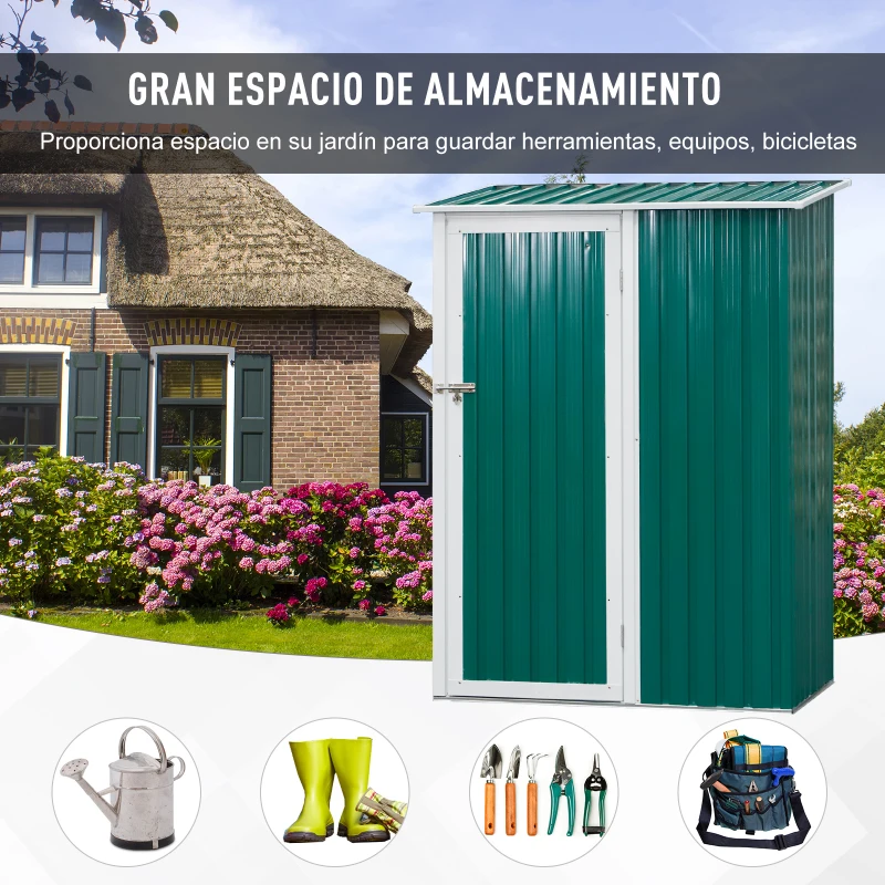 Outsunny Cobertizo de Acero 1,27㎡ 143x89x186 cm Tipo Caseta de Jardín Galvanizado Almacén para Herramientas con Techo Inclinado y Una Puerta para Terraza Exterior Verde