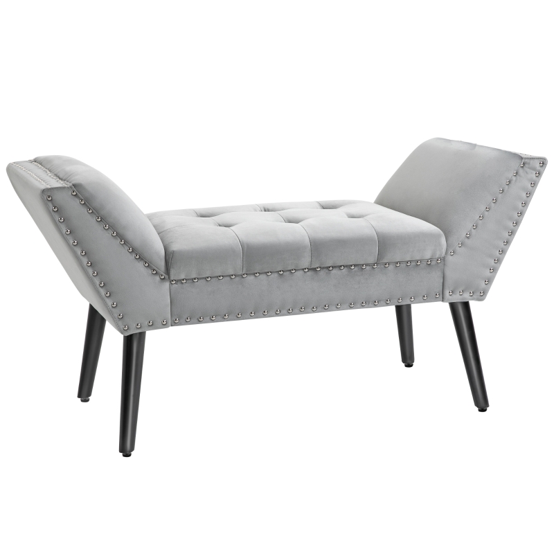 HOMCOM Modern Button Tufted Bench Accent Velvet Upholstered Ottoman for Bedroom, Living Room Entryway, Light Grey