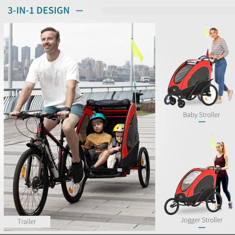 HOMCOM 3 In 1 Foldable Children Bike Trailer Kids Stroller Jogger Transport Buggy Carrier w/ Suspension Rubber Tires Adjustable Handlebar for 2 Kids Red and Black