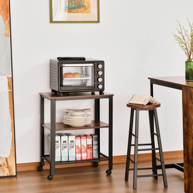HOMCOM Rolling Microwave Cart Wooden 3-Tier Storage Shelf Industrial Style End Table for Kitchen, Living Room Accent Furniture