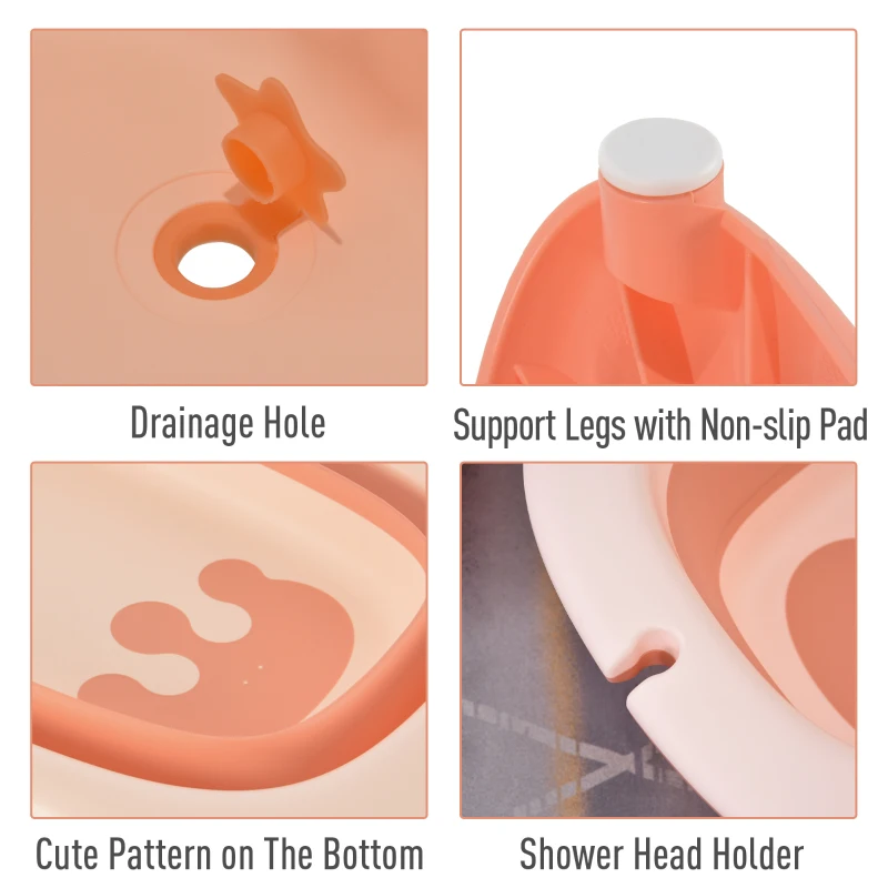 HOMCOM 3 in 1 Collapsible Baby Bath Tub Set Folding Kids Tub Wash Basin Shampoo Cup Non-Slip Support Leg for 0-3 Years, Pink