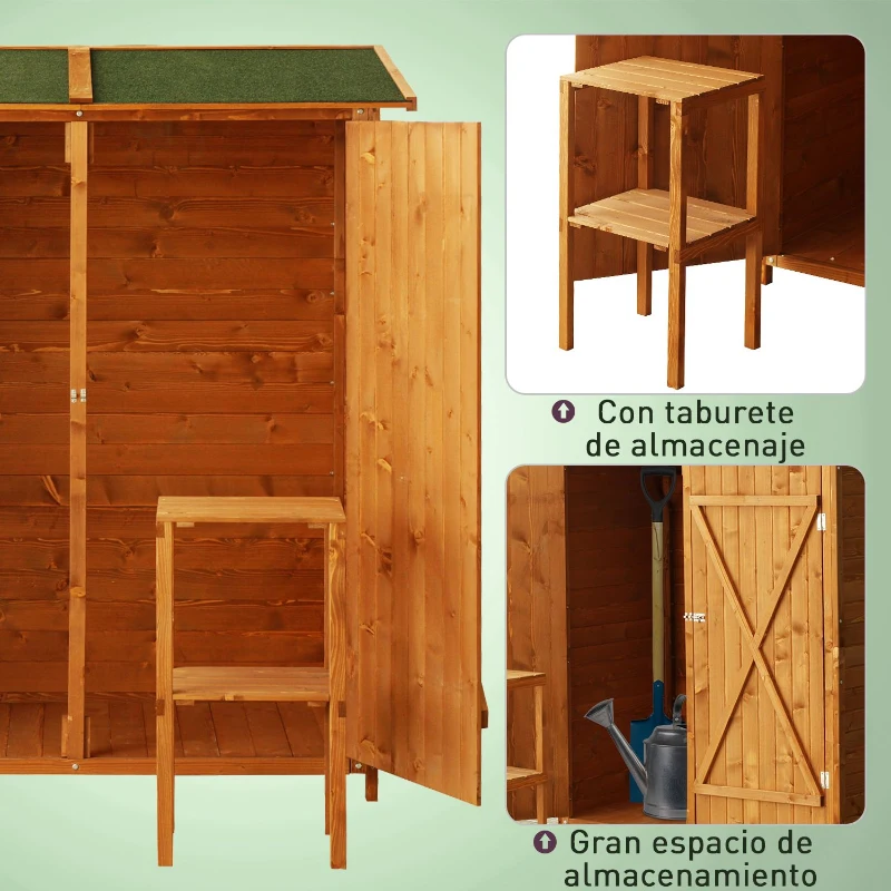 Outsunny Caseta de Jardín de Madera 139x75x160 cm Cobertizo para Almacenaje de Herramientas con Estantería Movible Puertas con Cerrojo Techo Asfáltico Madera Natural