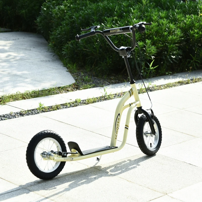 HOMCOM Youth Scooter Front and Rear Caliper Dual Brakes 12-Inch Inflatable Front Wheel Ride On Toy For Age 5+ Beige