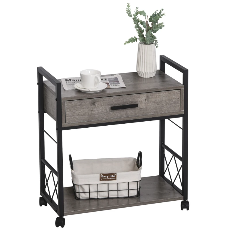 HOMCOM Industrial Style Side Table with 1 Drawer, Shelf, Wheels Wooden Bedside Table Night Stand, Home Furniture, Grey