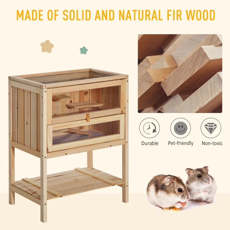 PawHut Wooden Hamster Cage with Storage Shelf, Small Animal Exercise Play House with Openable Top, for Hamsters, Gerbils, 60 x 40 x 80 cm - Natural