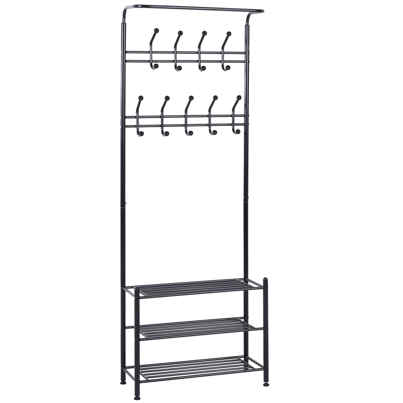 HOMCOM Coat Rack Stand Hall Tree Hallway Furniture with 18 Hooks 3-Tier Shoe Rack Metal Frame for Entryway Bedroom Living Room Black