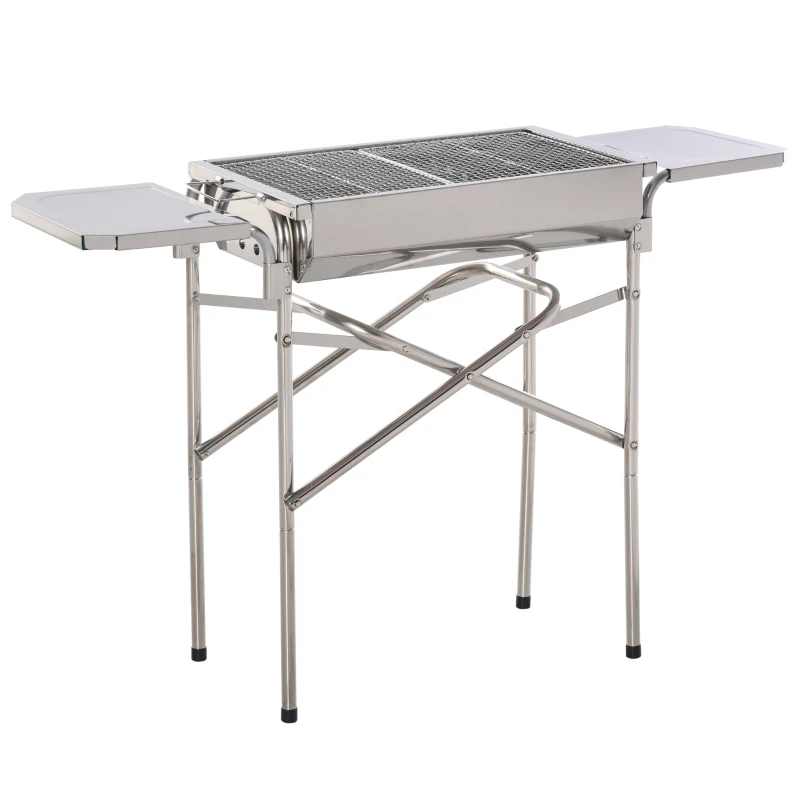 Outsunny Outdoor Folding BBQ Rectangular Stainless Steel Adjustable Pedestal Charcoal Barbecue Grill - Silver