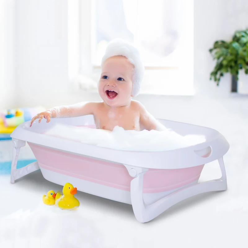 HOMCOM Folding Foldable Baby Bath Tub Toddler Kids Infant Safety Shower Slide Protection Comfortable Portable Pink