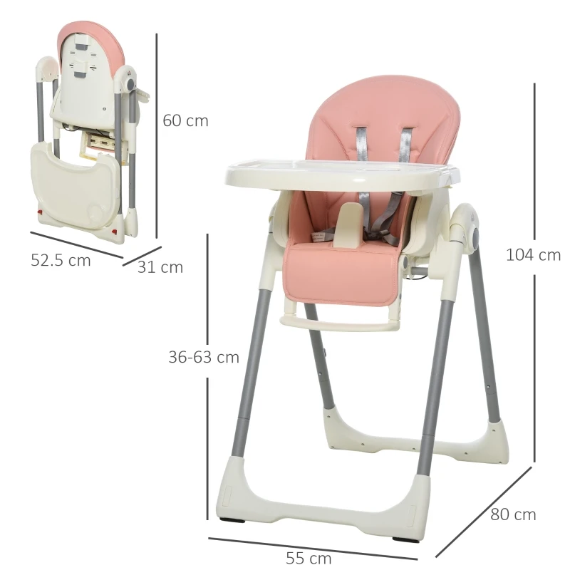 HOMCOM Foldable Baby High Chair Convertible Feeding Chair Height Adjustable with Adjustable Backrest Footrest and Removable Tray 5 Point Safety Harness for Kids 6 - 36 Months Pink