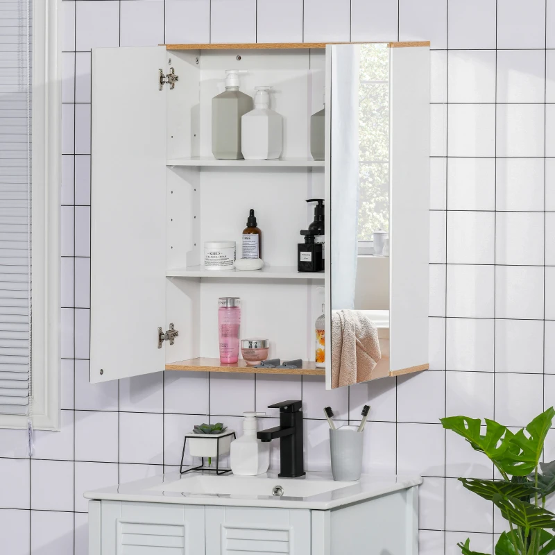 kleankin Bathroom Mirror Cabinet Wall Mounted Storage Cupboard with Double Door and Adjustable Shelves, White