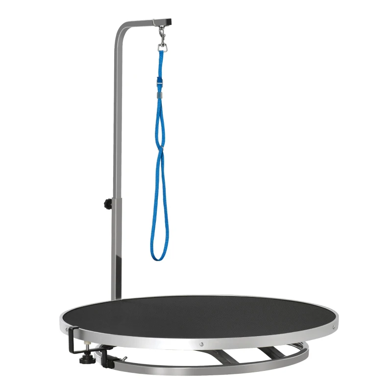 PawHut Pet Grooming Table Rotatable Dog Drying Table with Adjustable Arm Non-Slip Tabletop Locking System Aluminium Alloy Edge Stainless Steel Frame Safety Leash Φ65 Black
