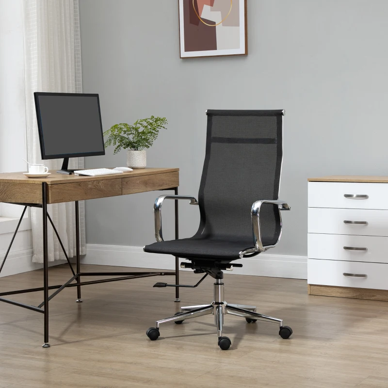 Vinsetto Silla de Escritorio Ergonómica Tela de Texteline Transpirable Silla de Oficina Giratoria con Altura Ajustable Reposabrazos y Respaldo Alto 56x59x110-120 cm Negro