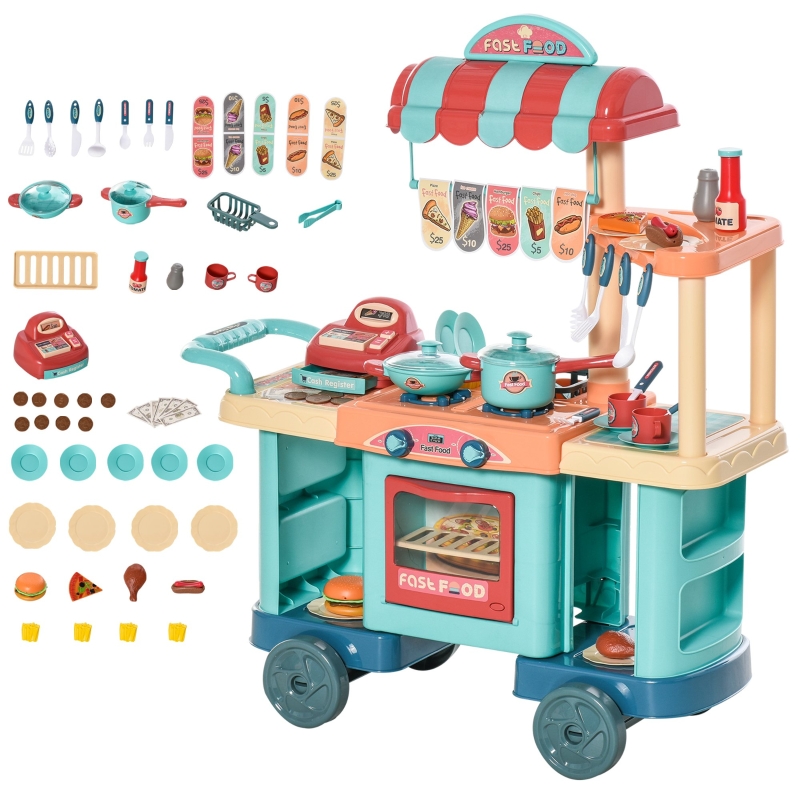 HOMCOM 50 Pcs Kids Fast Food Shop Cart Pretend Playset Kitchen Supermarket Toys Trolley Set with Play Food Money Cash Register Accessories Gift for Boys Girls Age 3-6