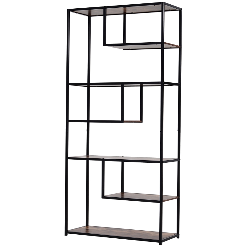 HOMCOM Wood Shelf Bookcase Industrial Style Stand 6-Staggered Shelf Living Room Display Rack Organiser