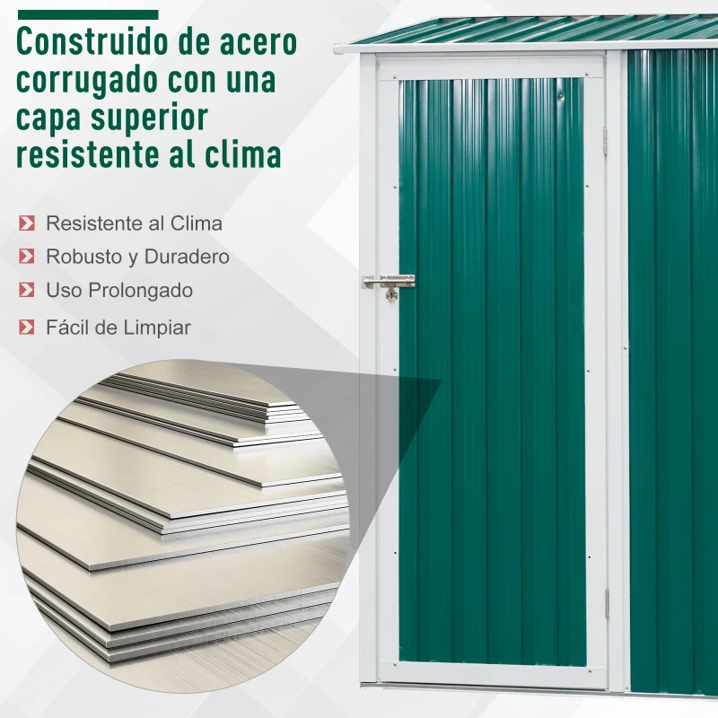 Outsunny Cobertizo de Acero 1,27㎡ 143x89x186 cm Tipo Caseta de Jardín Galvanizado Almacén para Herramientas con Techo Inclinado y Una Puerta para Terraza Exterior Verde