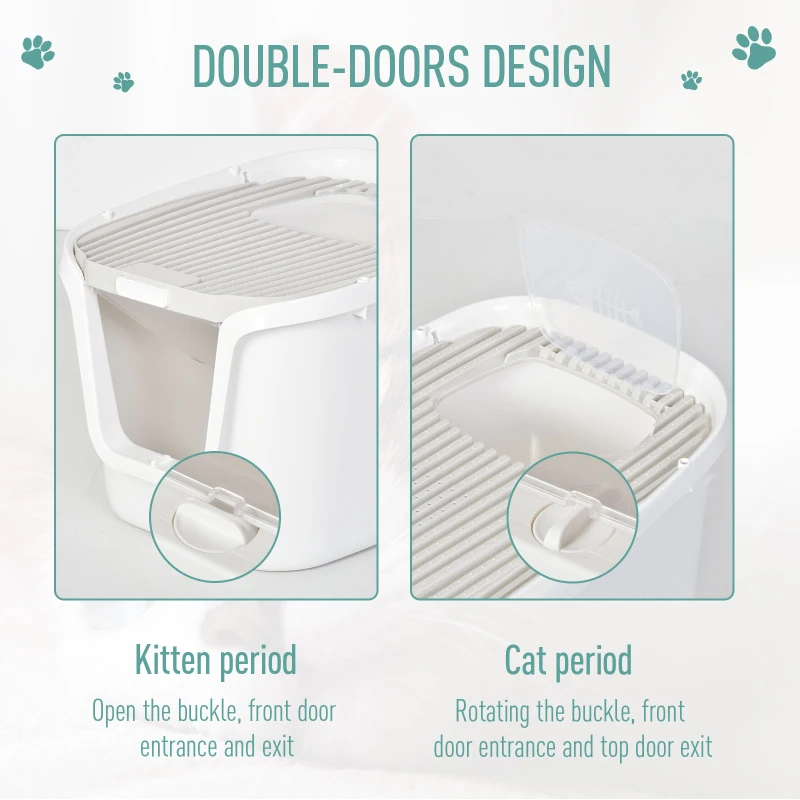 PawHut Cat Litter Box Cat House with Litter Scoop Two Door Design Cat furniture with Lifted Cover Large Space White
