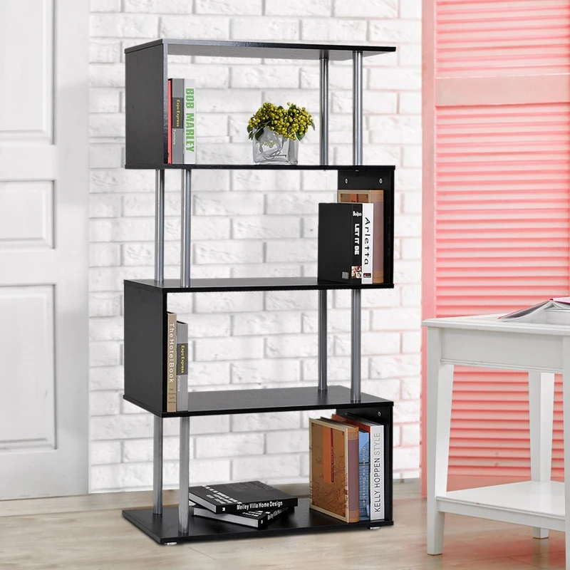 HOMCOM Wooden S Shape Bookcase Bookshelf Dividers Storage Display Unit Black