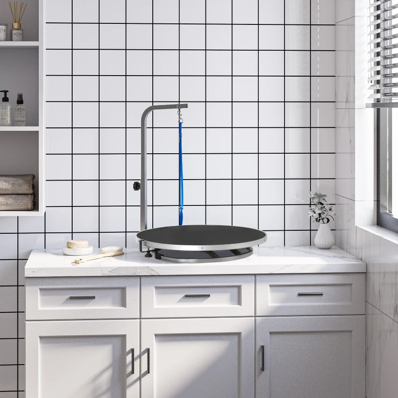 PawHut Pet Grooming Table Rotatable Dog Drying Table with Adjustable Arm Non-Slip Tabletop Locking System Aluminium Alloy Edge Stainless Steel Frame Safety Leash Φ65 Black