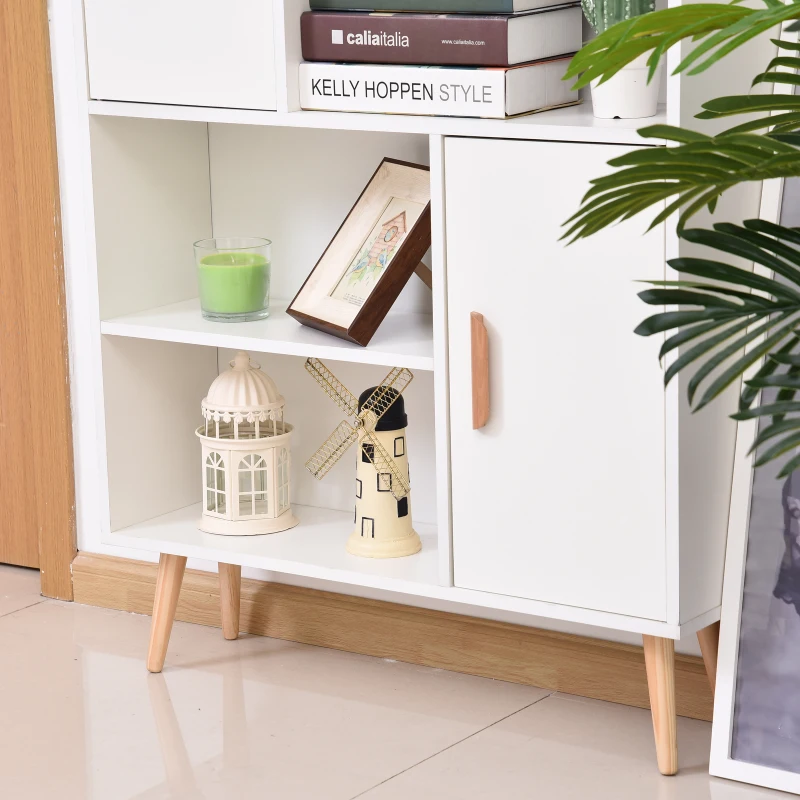 HOMCOM Sideboard Bookshelf Free Standing Bookcase Shelves Unit Display Storage Cabinet Wooden Leg w/ Two Doors White