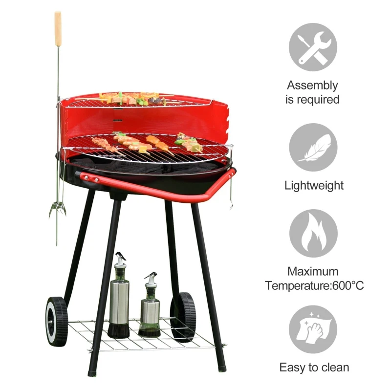 Outsunny New Outdoor BBQ Garden Charcoal Barbecue Cooking Grill Trolley with Wheel - Red
