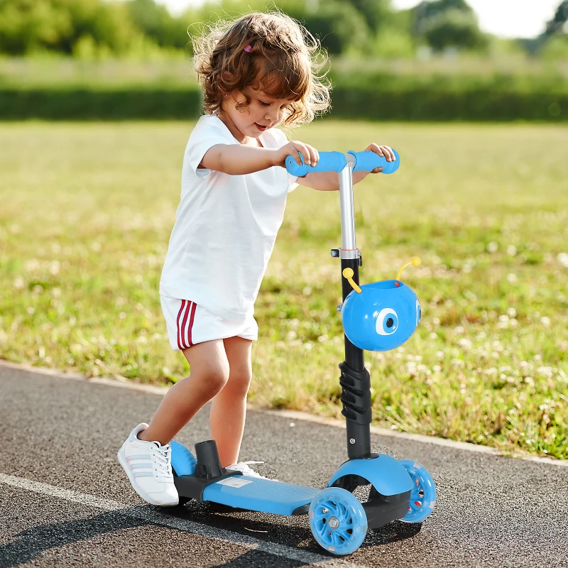 HOMCOM 5-in-1 Kids Toddler 3 Wheels Mini Kick Scooter Push Walker with Removable Seat & Back Rest for Girls and Boys Blue